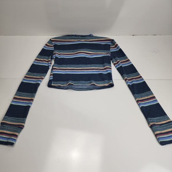 SO Brand Zip Up Collared Neck Long Sleeve Blue Striped Crop Top Women's Size XS - Picture 4 of 8